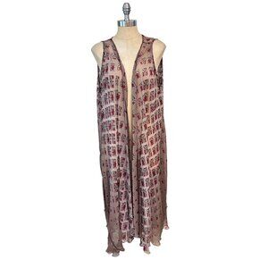 Soft Surroundings Sheer Sleeveless Floral Geometric Print Long Duster Vest S/M